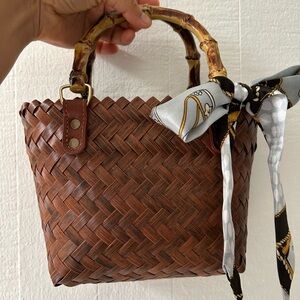 Brown Woven Handbag with Bamboo Handle
